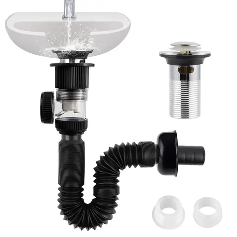 Hibbent Chrome Bathroom Sink Drain Kit with Anti-Clogging Hair Blocker, Leak-Proof P-Trap Tubing, Pop-Up Stopper, Flexible Expandable Tubing, 2 Adapters - Fast Drainage, Fits 1-1/4in,1-1/2in,2in Holes, Compatible with Bathroom Fixtures, Plumbing Accessori