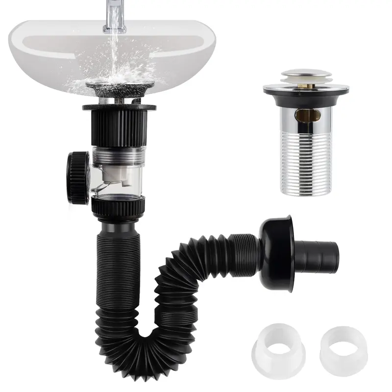 Hibbent Chrome Bathroom Sink Drain Kit with Anti-Clogging Hair Blocker, Leak-Proof P-Trap Tubing, Pop-Up Stopper, Flexible Expandable Tubing, 2 Adapters - Fast Drainage, Fits 1-1/4in,1-1/2in,2in Holes, Compatible with Bathroom Fixtures, Plumbing Accessori