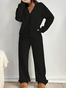 Two-piece set of women's loose single-breasted knitted Casual top + high-waisted drawstring draping wide-leg trousers, suitable for autumn and winter, suitable for home leisure, daily going out, light commuting office, etc.