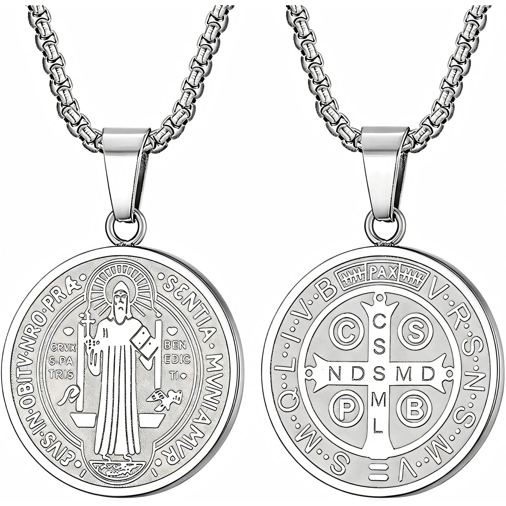 St. Benedict Medal Necklace in Titanium Steel, Catholic Protective Emblem Pendant for Men & Women, 22 Inch Latin Inspired Religious Jewelry, Metal Construction Necklaces, Latin Inspired Necklaces