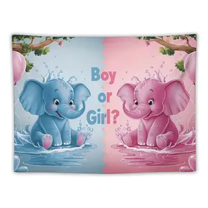 Blue Pink Cartoon Elephant Tapestry Splashing Water with "Boy or Girl?" Text Playful Baby Theme Home Decor