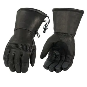 Men's Black Leather Waterproof Gauntlet Gloves with Stretch Knuckles