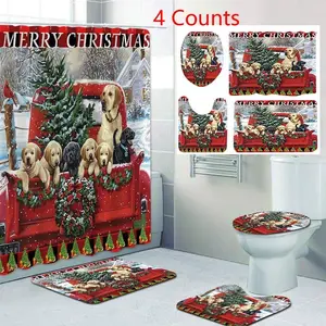 Christmas Themed Shower Curtain Set, 4 Counts/set Shower Curtain & Toilet Lid Cover & Bath Mat & U-shaped Mat Set, Bathroom Accessories