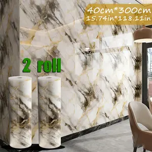 2 Rolls Self-Adhesive Marble Wallpaper, Fireproof Waterproof Wall Material, 15.75in X 118.11in, Living Room Decor, Marble Visual Effect