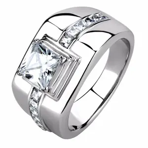 Lanyjewelry Men's Modern Signet Artificial Zircon Ring - Bold TK316 Stainless Steel, 7x7mm Princess-Cut CZ, Geometric Design Ring, Channel Set Wedding Accessory