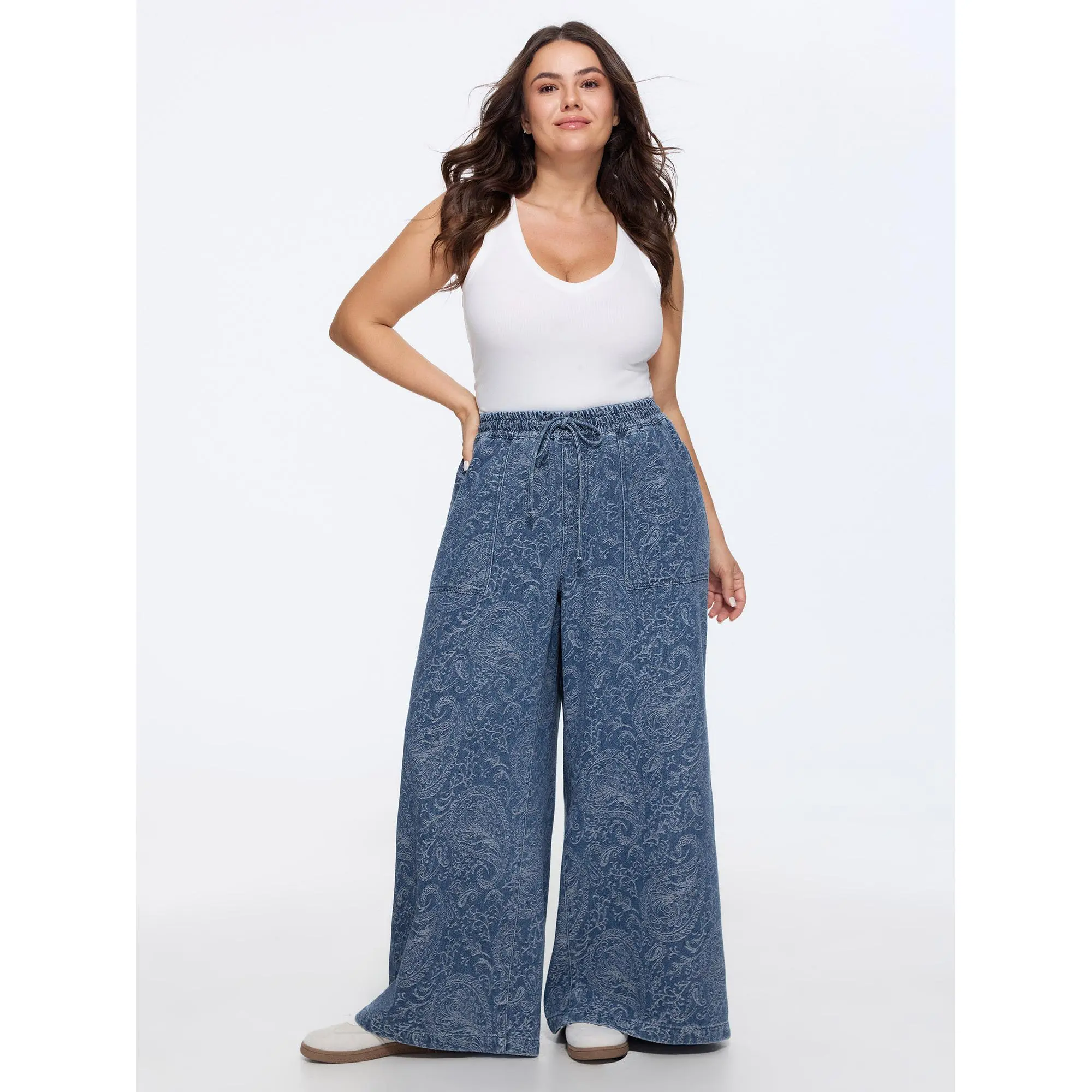 BLOOMCHIC Women's Plus Size Washed Paisley Print Drawstring Wide Leg Jeans - Loose Fit, Functional Pocket, Soft Fabric, Size M-6X - 2026 Summer Finds