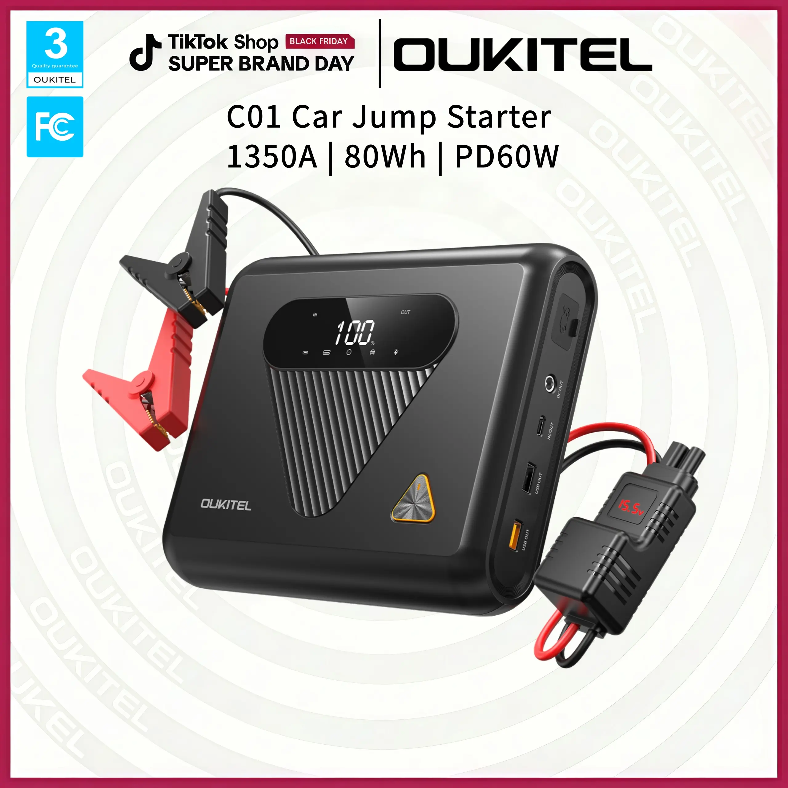 【OUKITEL】Portable Car Jump Starter for Winter Use, 1350A Car Battery Jump Starter, 12V Car Battery Jump Starter, 27500mAh Power Bank with LED Light and 60W Fast Charging