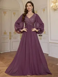 Elegant V-Neck Sequined Chiffon Evening Dress, Perfect for Weddings, Celebrations, Formal Events, and High-End Parties