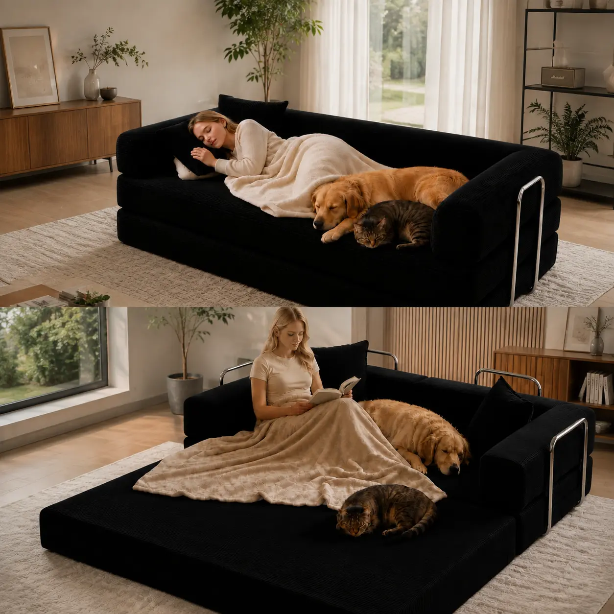4-in-1 Convertible Corduroy Cloud Sofa Bed, Vacuum Compressed Sofa in a Box, Fold Out Floor Sleeper Couch, Portable Lounge Chair, No Assembly Required, Multiple Sizes 31.5"/53"/59"/79"