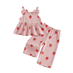 Babamoon Kids Baby Little Girls Waffle Outfits Sets Sleeveless Strawberry Print Cami Tank Tops Pants Summer 2pcs Girl Clothes Set 3M-3Y