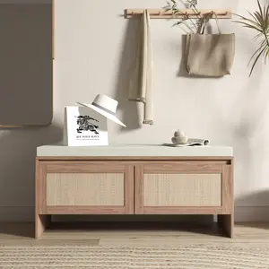 Modern Storage Benches with Soft Cushions, 2-layer Shoe Stools, 2 Barn Doors and 2 Adjustable Shelves, Entrance Stools for Foyer, Living room and Bedroom, 13.75 "Lx 39.4" W x 17.72 "H (Natural Finish)