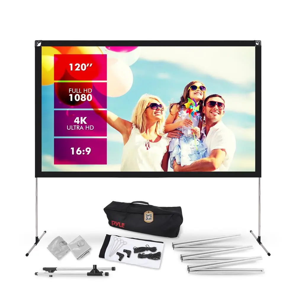 Pyle 120-in Diagonal Foldable Washable Outdoor Projector with Engineered Steel Alloy Floor Stand | HD 16:9 Widescreen Front Fabric Display, Wrinkle-Resistant, 160° Wide Viewing Angle, Optimal Color Pickup - Ideal for Home Theater, Business Use