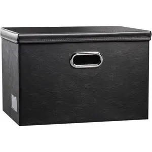 Large Collapsible Storage Bin with Lid [1-Pack] Leather Fabric Foldable Storage Box Organizer Basket Cube with Cover for Home Bedroom Closet Office Nursery Black (17.7x11.8x11.8)
