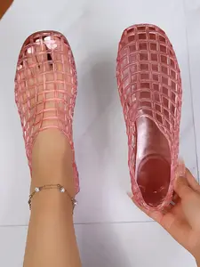 Women's Summer New Fashion Mesh Jelly Shoes, European Style Hollow Out Grid Flat Sandals, Vacation Beach Hole Holes Shoes