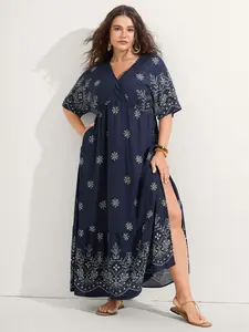 【Summer Turn-Up】【Boho】 Bloomchic Midnight Blue Bohemian Print Midi Dress with Dolman Sleeves Side Slit & Pockets for Women Summer Casual Fit Womenswear Boho 2026 Summer Pick for Mother's Day