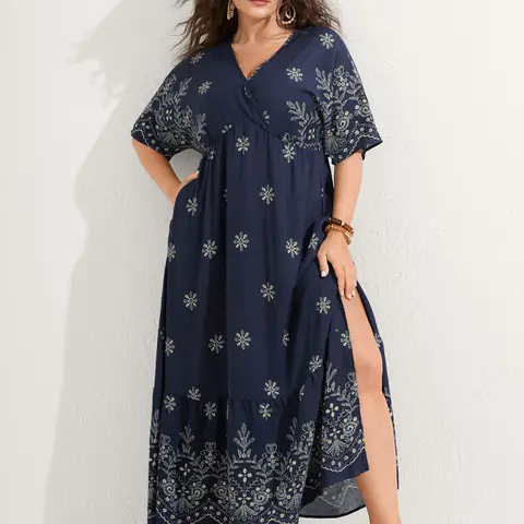 BloomChic Surplice Neck Split Side Pockets Maxi Dress 【M-6XL】