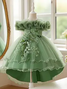 Tween Girl Shiny Sequin Multi-Layer Tulle Prom Party Dress Bridesmaid Graduation Wedding Princess Dress For Four Seasons Floral Embroidery Dress