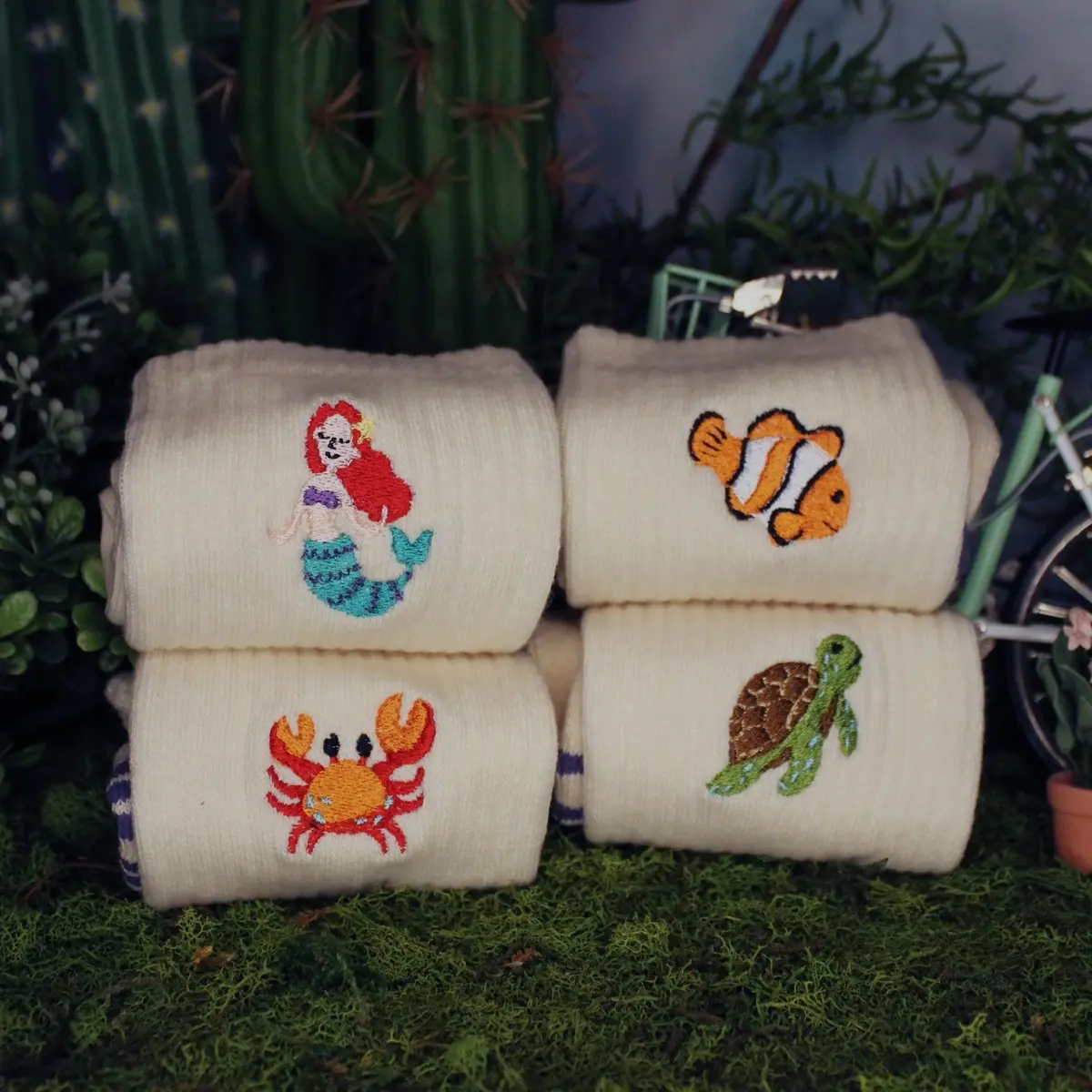 THE OCEAN Embroidered Socks- Cream Socks, handmade by Dinoqlo