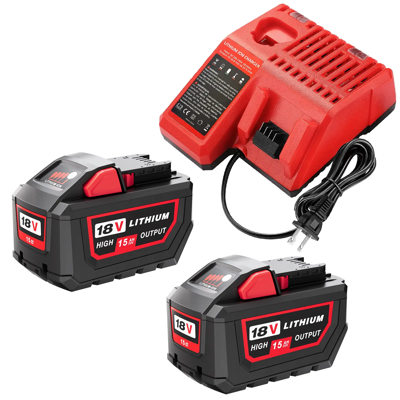 18V High-Capacity Lithium Batteries with Charger Set - 2-Pack 15000mAh Cells Replacement for Milwaukee M18 Series Cordless Power Tools