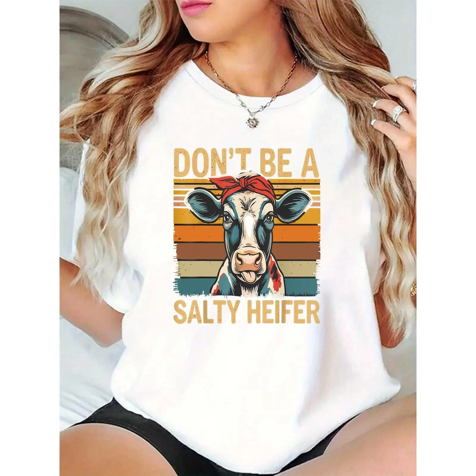 Women's "Salty Heifer" Cow Print Graphic T-Shirt, Retro Country Style 100% Cotton Top, Breathable Lightweight Round Neck Short Sleeve, Shortsleeve, Comfortable, Skirts, Fit, Tshirt, Relaxed Fit, Crew Neck