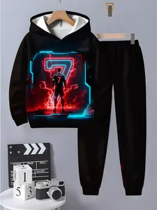 Boys' Football Pattern Hooded Sweatshirt Set, Long Sleeve Casual Wear for Spring & Fall, Gift Idea