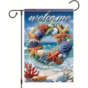 Spring Summer Garden Flag 12x18 Inch Coastal Welcome Seashell Starfish Coral Wreath Ocean Beach Design Outdoor Yard Porch Lawn for Seasonal Nautical Home Decor