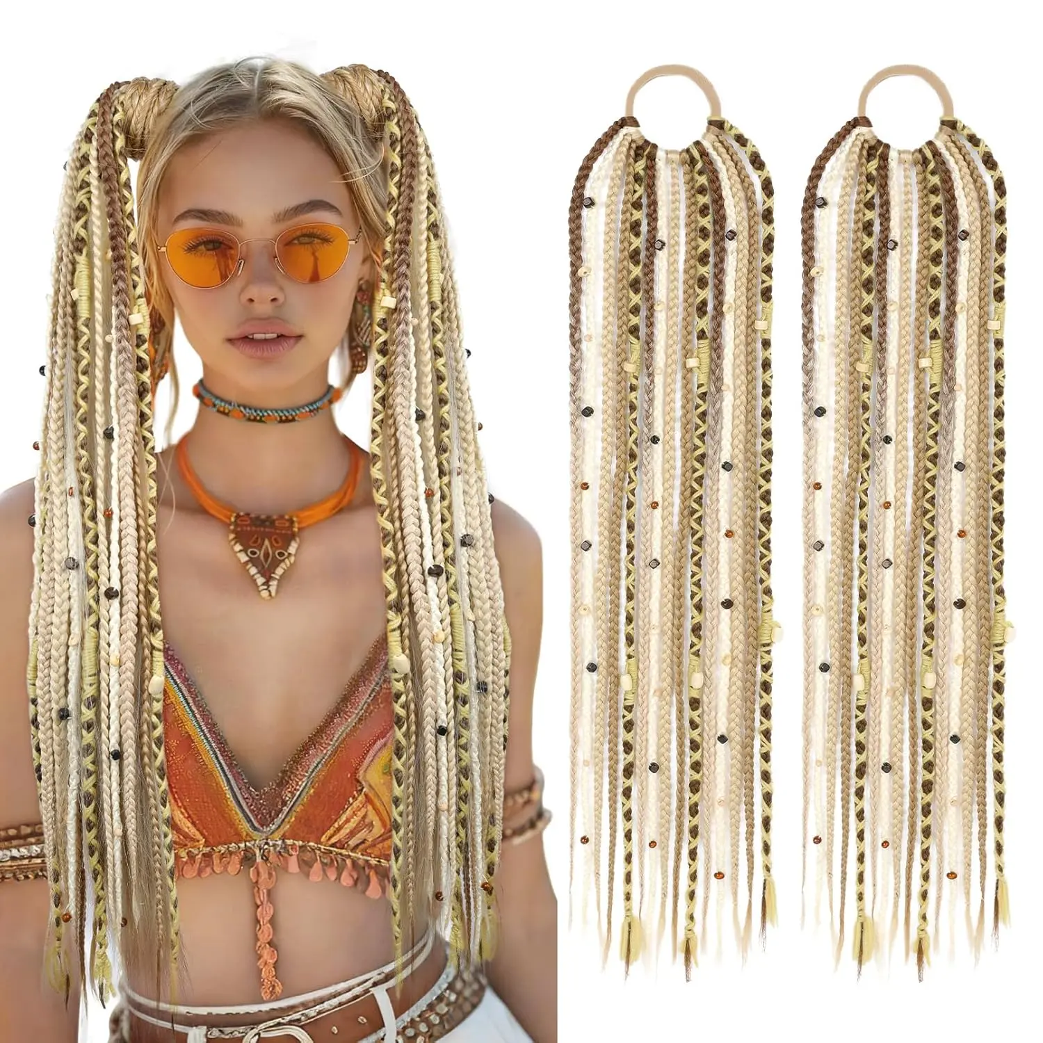 Boho Braided Ponytail Extension with Hair Tie, 24" Long Viking Dreadlock Beads Ponytail Hand-braided Braids Hair Extensions Lightweight Natural Synthetic Hairpiece for Festival Cosplay Blonde