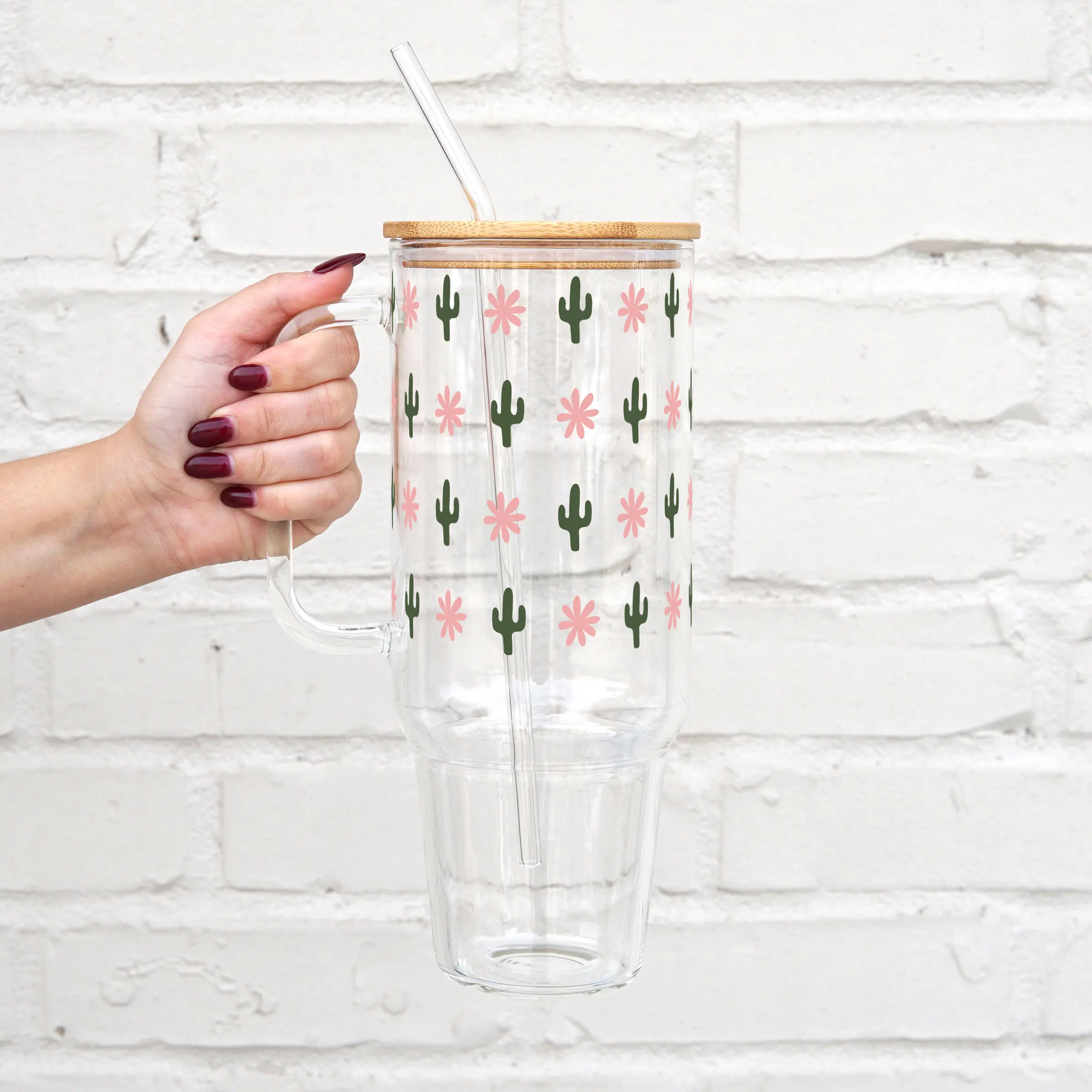 Mini Cactus 40oz Glass Tumbler with Lid and Straw, Iced Coffee Drinkware, Gift for Her, Acrylic Tumbler, water bottle for women, iced coffee cup, Mug