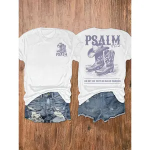 Women's Vintage Western Graphic T-Shirt - Cotton, Short-Sleeve Crewneck, Loose-Fit, Psalm Quote & Cowboy Boots-Hat Print - Summer Casual Outfit for Church, Country Concerts