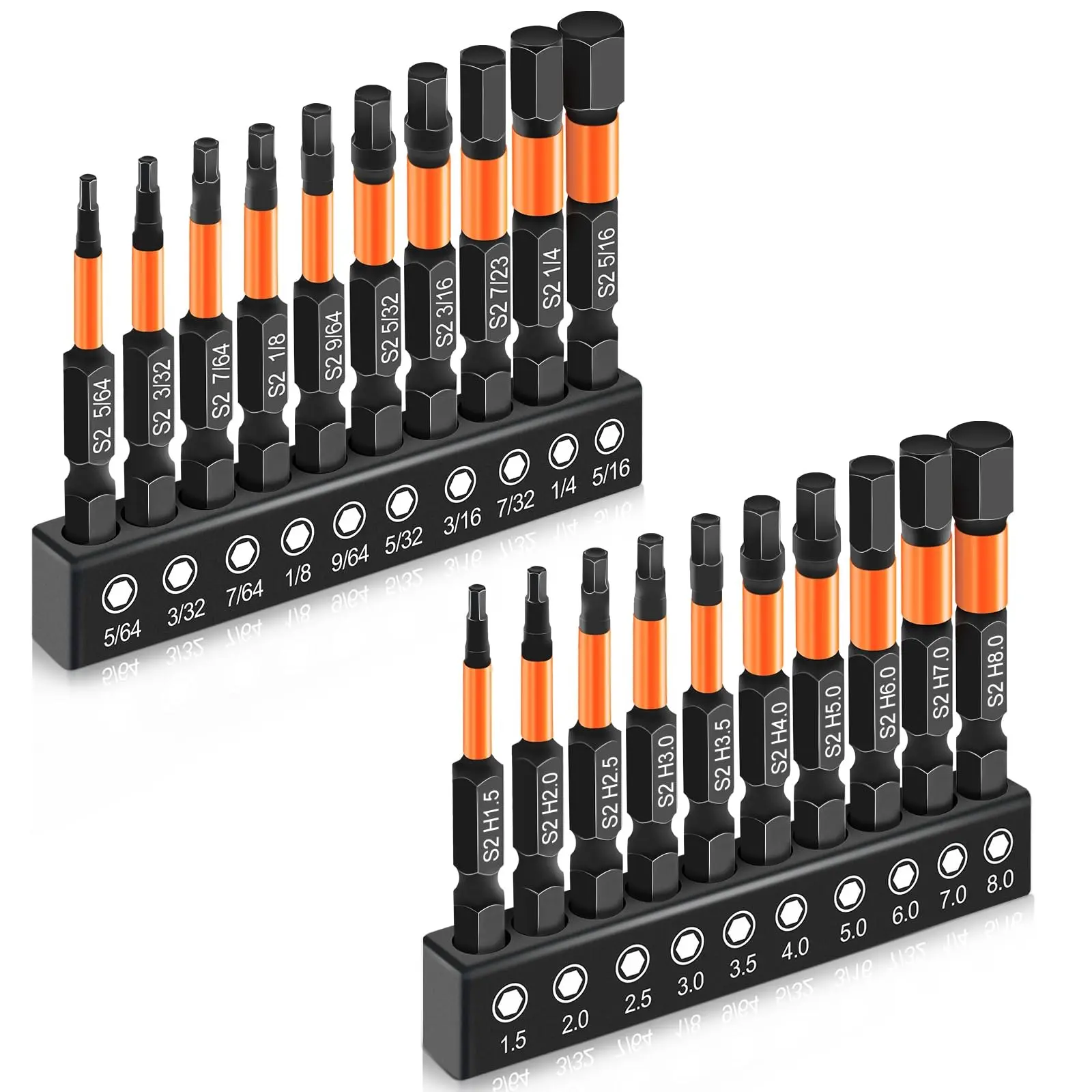 GJANSH 20PCS Impact Hex Bit Set, Metric & SAE, CNC-machined tips, S2 alloy steel body, hardened core, magnetic fastener retention, impact-driver use