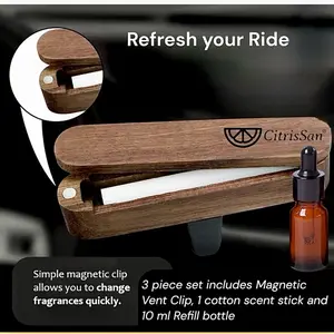 CitrisSan Magnetic Car Diffuser - 3 Piece Set with Natural Wood Finish & Customizable Scent - Includes Car Vent Clip, Cotton Fiber Scent Stick, 10 ml Refill for Easy Fragrance Changes - Lavender Lemon, Strawberry Citrus, Coconut Lime, Sage & Citrus