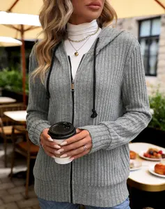 Lady's Long-Sleeve Minimalist Hooded Sweatshirt - Fitted Ribbed Zip-Up Top with Buttery-Soft Fabric, Contrast Drawstring, Stylish Casual Knit Design, Lightweight Feel, Black & Grey Options for All-Day Wear