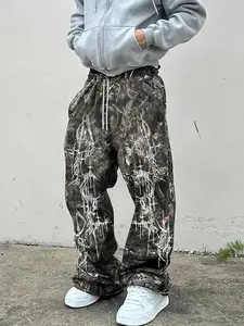 Men's Camo Branch Pants, Y2K Millennium Print, Symmetrical Thorn Geometric Pattern, Casual Loose Fit, Street Hip Hop Style
