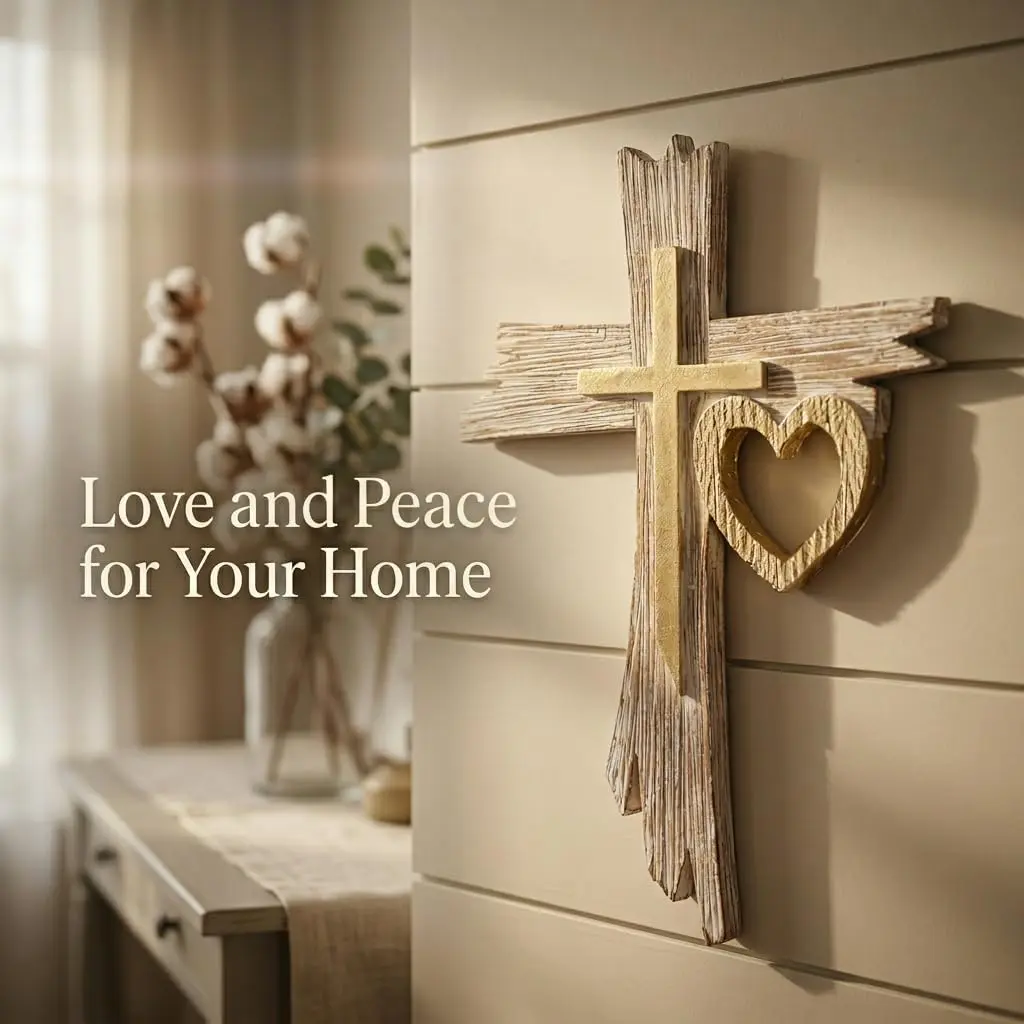 Rustic Zhao Xiang Christianity Resin Wall Cross Sculpture - Handcrafted Heart Decor, Textured Wood-Look Finish, 11.4 Inches/11.4" H x 8.86" W x 1" D, Home Church Entryway Accent, Ideal Christian Wedding Gift