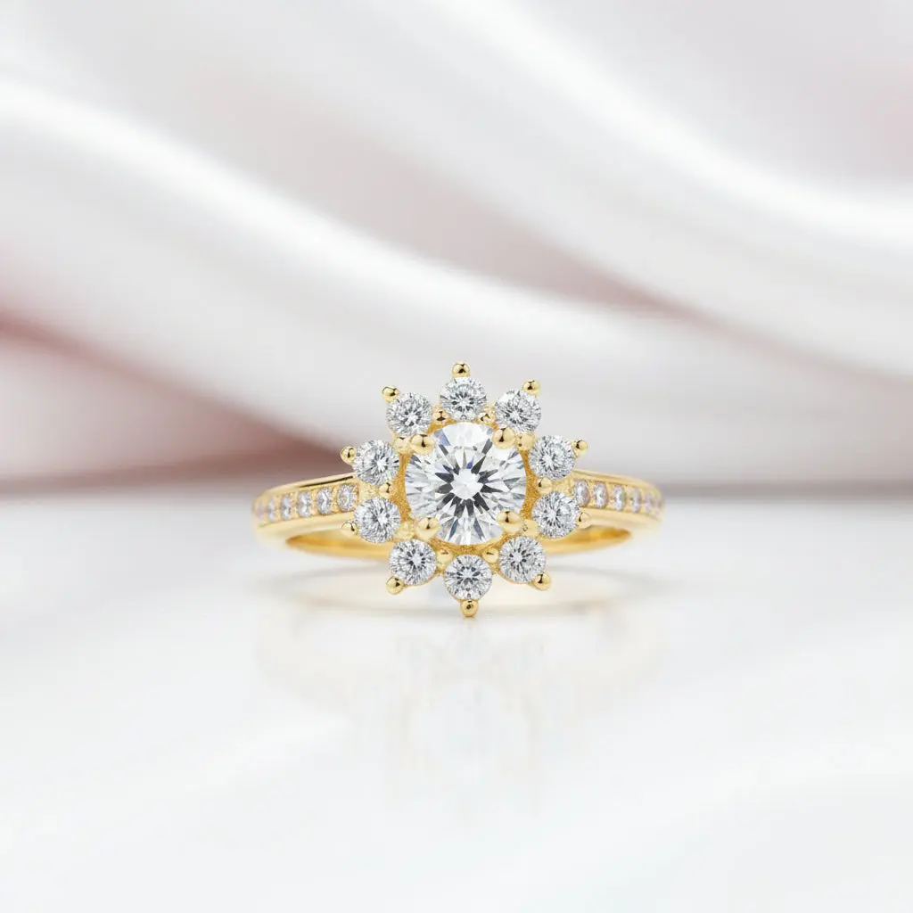 10k Yellow Gold Round Diamond Option Sunflower Shaped Engagement Ring