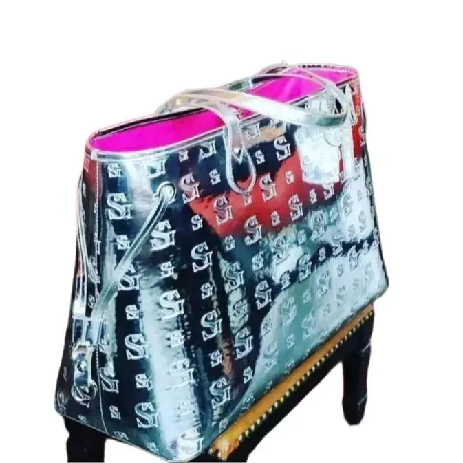 Women's Silver Monogram PU Leather Tote Bag - Stylish and Functional Handbag Elegant Commuter Bag Work Bags