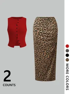 Two-piece Set Women's Leopard Print Crop Vest Blazer & Skirt, Slim Casual Fashion Two-piece Outfits for Daily Outdoor Wear, Women Clothing for Spring Fall, Suits, Womenswear, Skirt Top Sets, Matching Skirt Set, Clothe