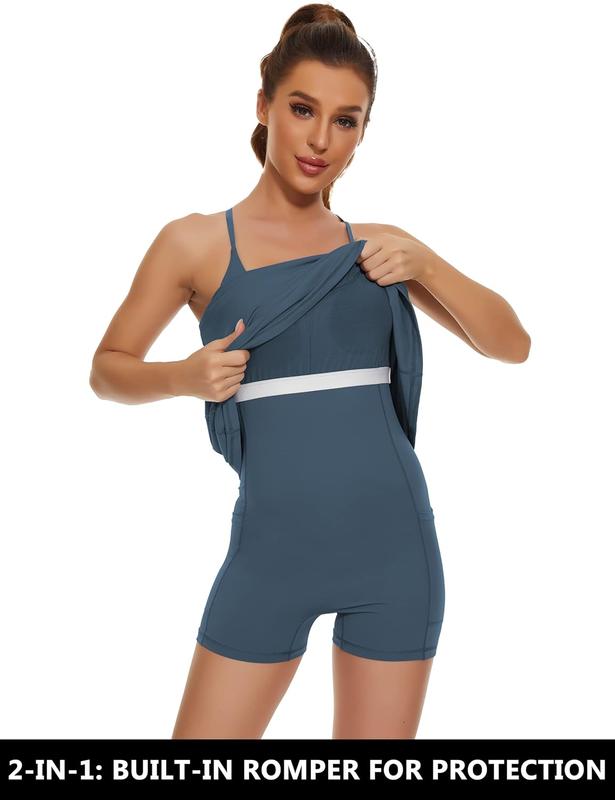 Womens Tennis Dress, 2-in-1 Golf Workout Dress with Built-in Bra & Shorts Pockets, Athletic Dresses with Adjustable Strap