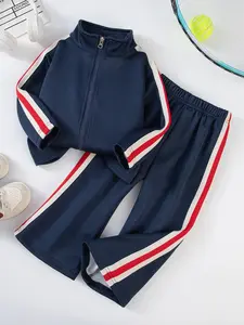 2pcsGirls' Spring Sportswear Set, 2-Piece Sweatshirt Jacket & Bell-Bottom Pants, Casual Fashion for Daily Wear