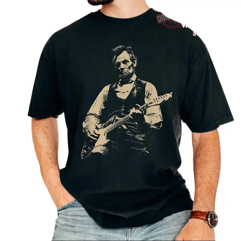 President Abraham Lincoln Playing Guitar Abe Lincoln T-Shirt, Funny History Music Lover Gift, Vintage Political Humor Tee, Full Colors, All Sizes, Streetwear T-shirt Crewneck