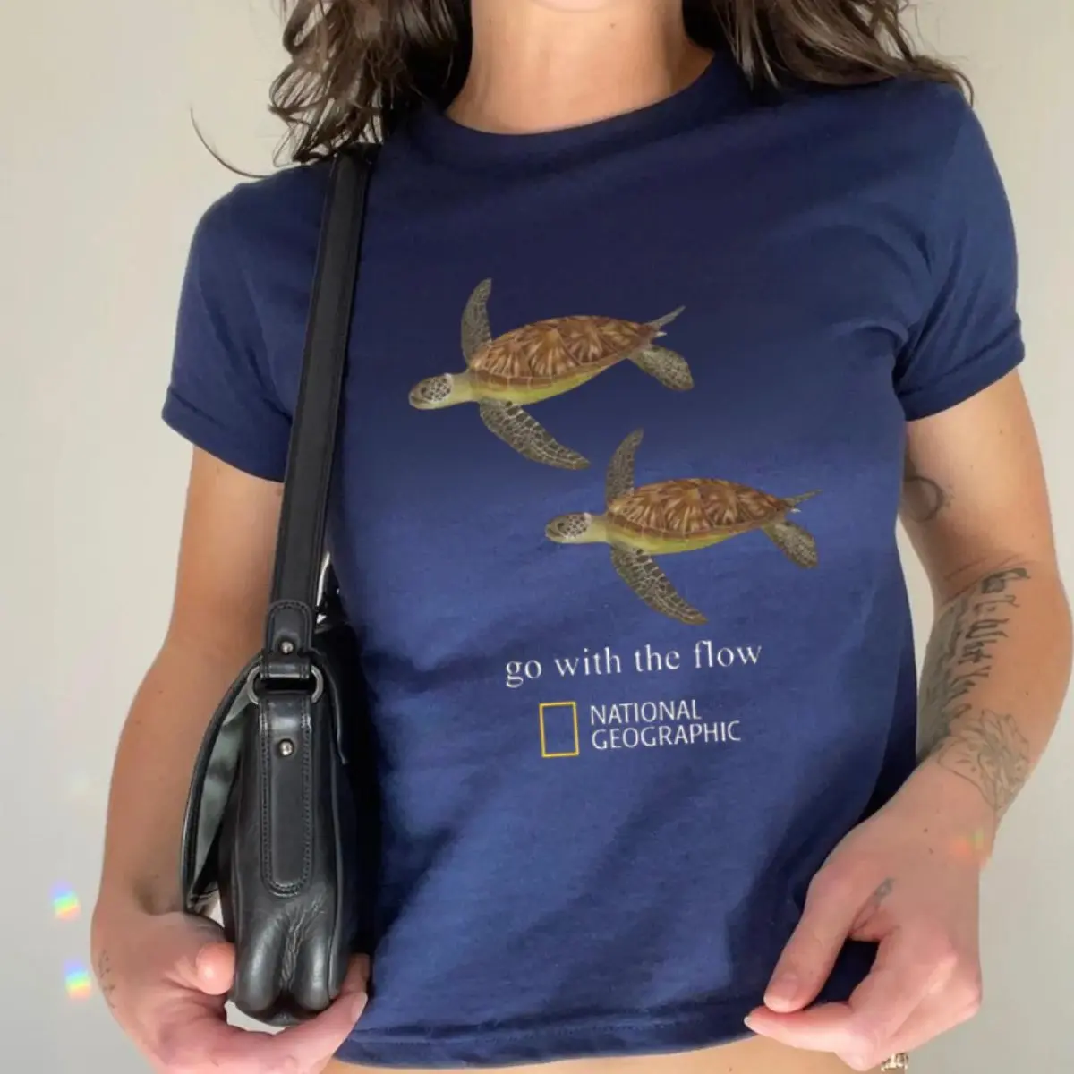 Go With The Flow Sea Turtle Baby Tee, Ocean Animal Graphic T-Shirt, Y2K Aesthetic Fitted Tee for Women, Cute Beach Summer Shirt