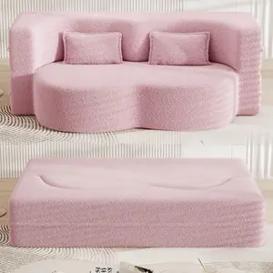 Boucle Couch Bed with Pillows, Convertible Loveseat and Floor Sleeper Sofa for Living Room Bedroom, Folding Design Curved Shape Seat Furniture Lounge