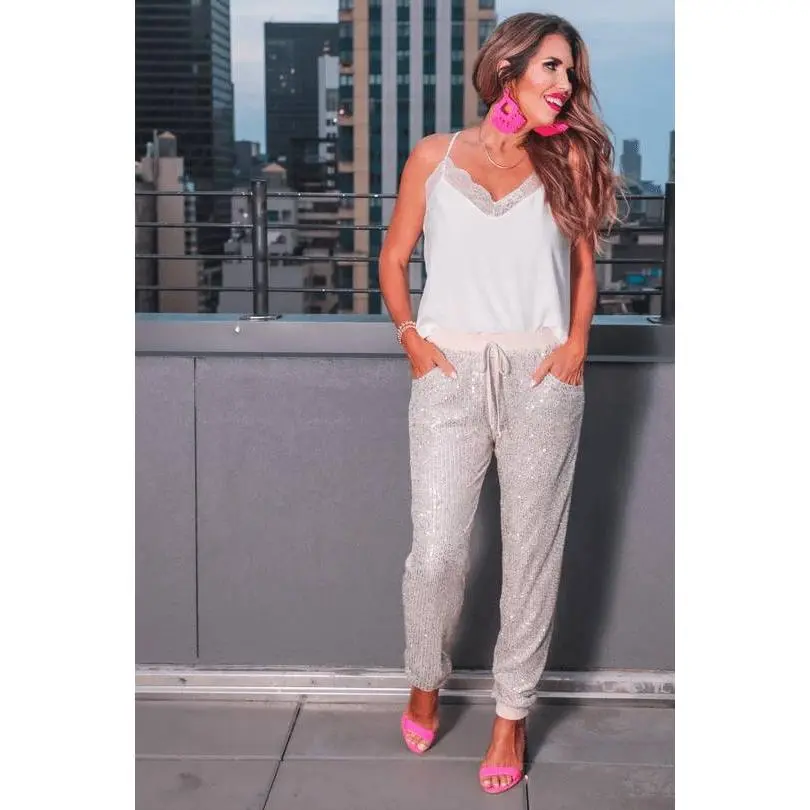 Shimmering Sequin Joggers: High Waistband, Hidden Pockets