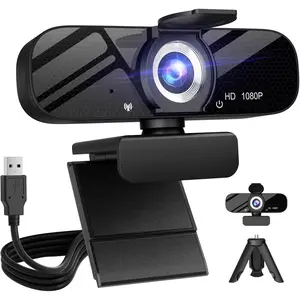 Webcam with Built-in Microphone and Rotatable Tripod, 1080P Video and Wide Angle Camera,  Cover, for Desktop PC or Laptop