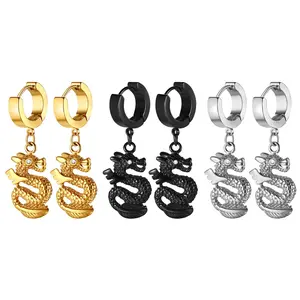 OIDEA Vintage Dragon Hoop Earrings Stainless Steel Punk Hip Hop Cast Dragon Drop Hoops for Men Women Hypoallergenic Black