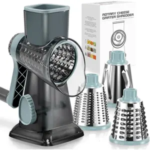 Rotary Cheese Grater Hand Crank Shredder with 3 Changeable Blades for Cheese Potato Zucchini Nuts Chocolate - GreyBlue Utensils
