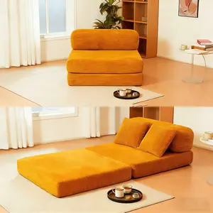 Frameless sofa with cushions, a 3-in-1 convertible sofa bed, featuring a deep seat design, corduroy fabric, and a foldable, modular, floor-standing pull-out sofa, suitable for various environments and requiring no assembly.