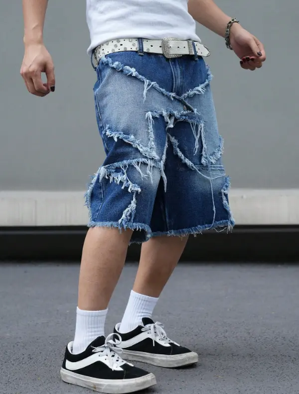 Men's denim shorts Men's tattered denim shorts with adhesive tape
