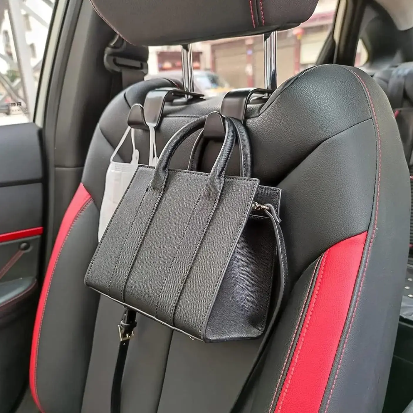 Car Seat Headrest Hooks Set of 2, Vehicle Backpack Hangers, Clothing Rack, Car Water Bottle Holder, Wallet Bag Cloth Organizer Accessories