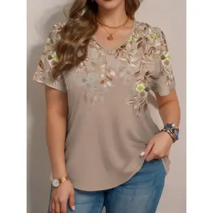 Plus Size Women’s Floral V-Neck T-Shirt – Soft, Breathable, Short Sleeve for Casual Wear; Tops with American Flag Print; Women’s Gamis